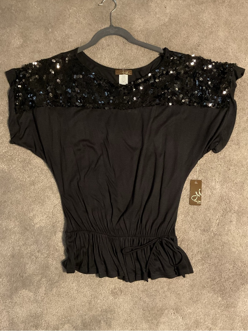 Women's Black Sequin Yoke Short Sleeve Top